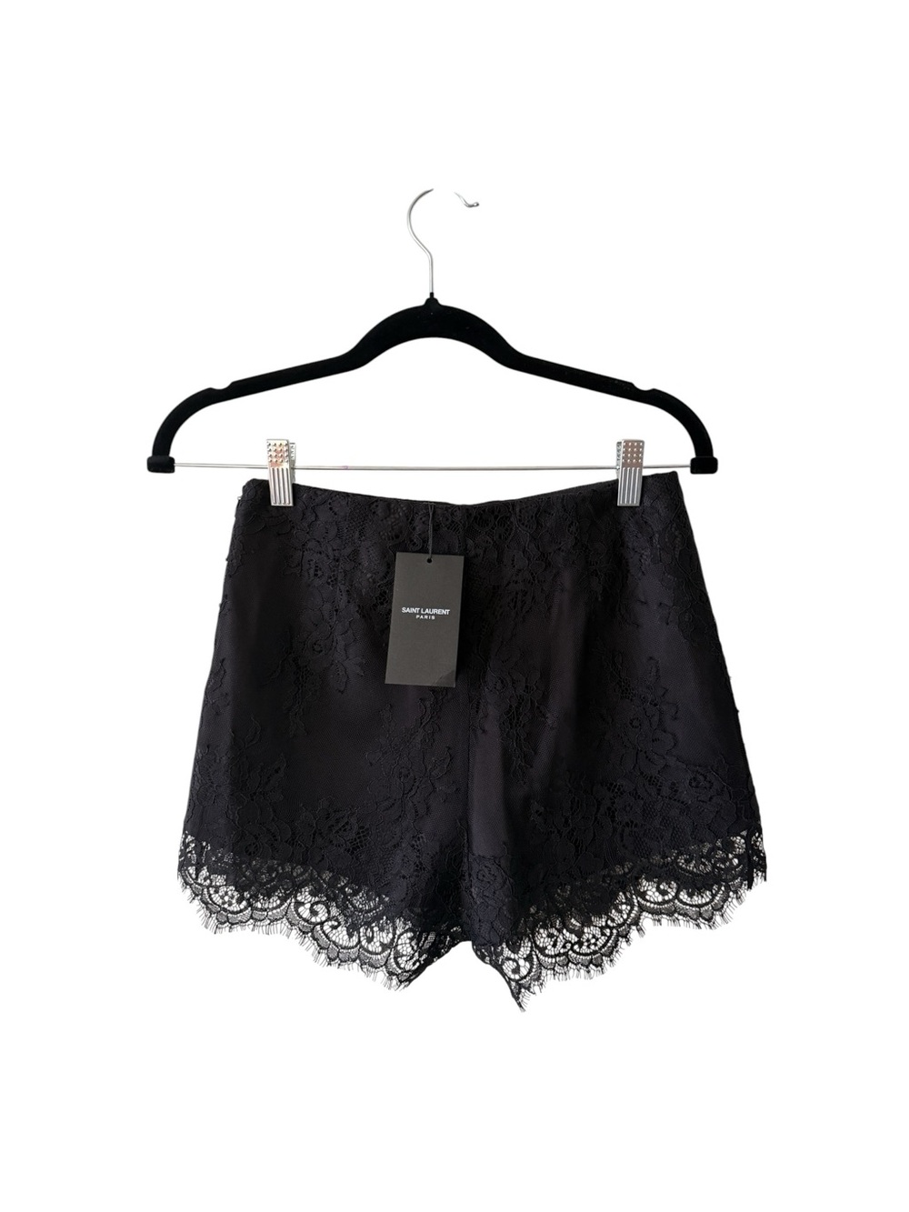 Saint Laurent Black Floral Lace High-Waist Shorts. Size Medium.